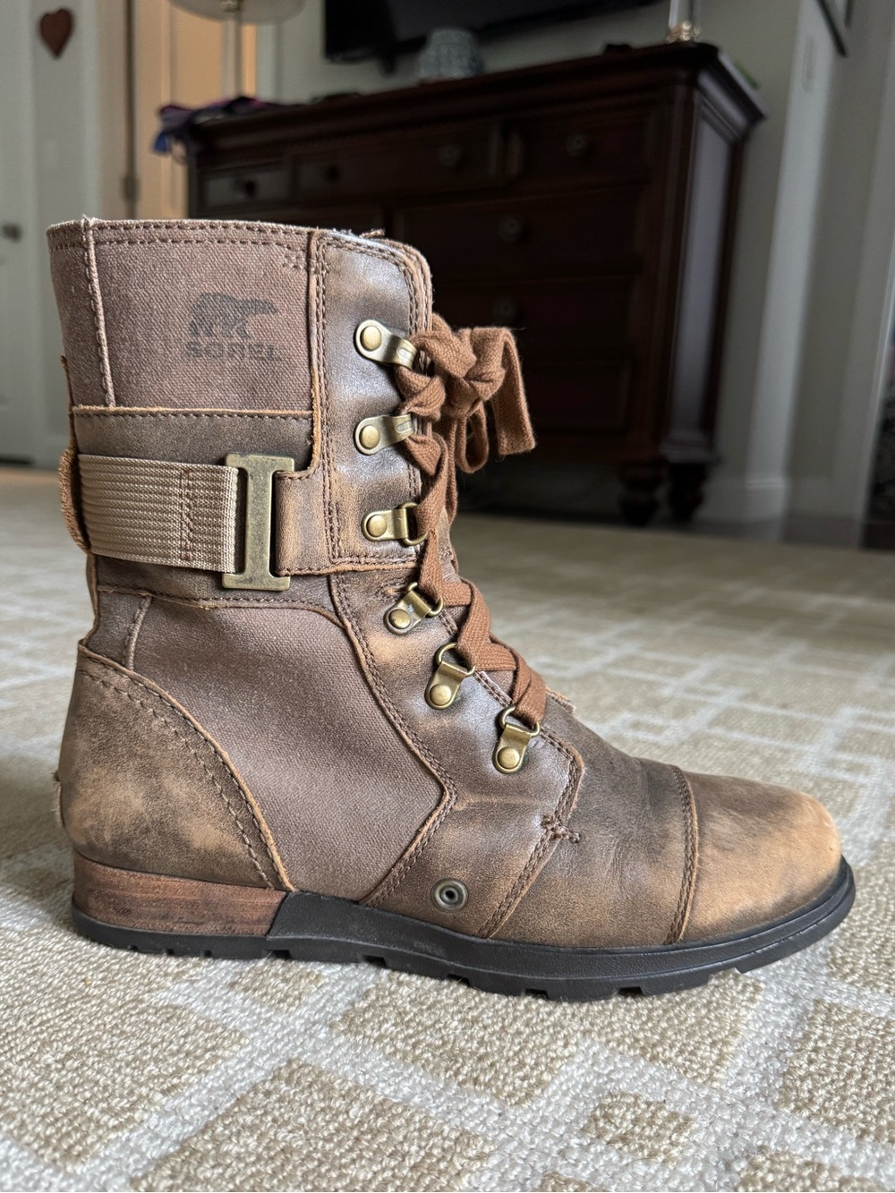 Sorel Major Carly Distressed Leather Canvas Combat Boots Brown Size 8.5 - Picture 4 of 16
